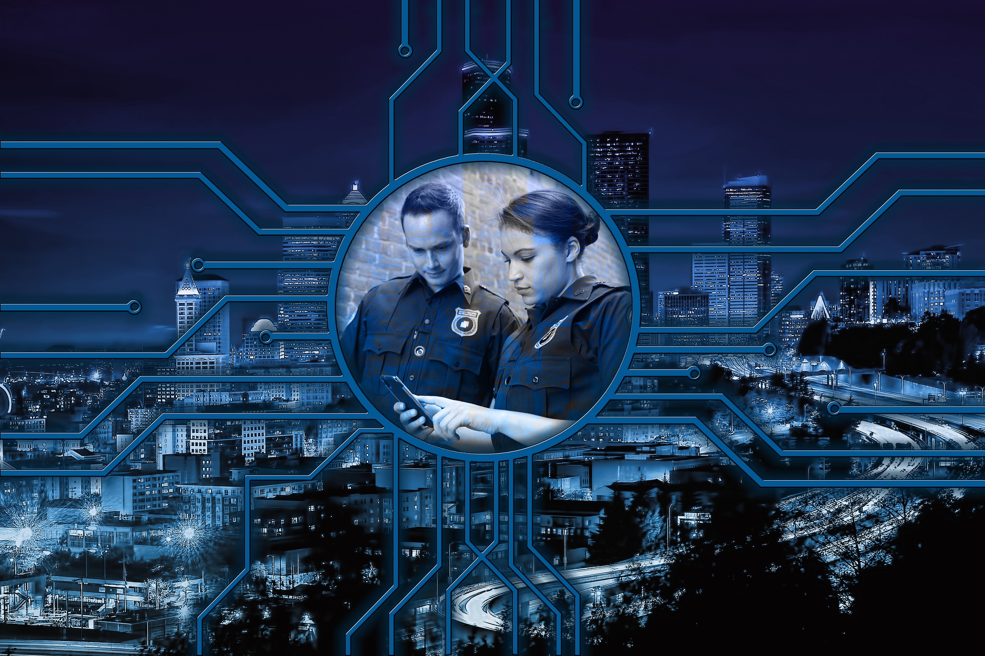 digital drawing of a cityscape with data lines and two officers looking at a cellphone